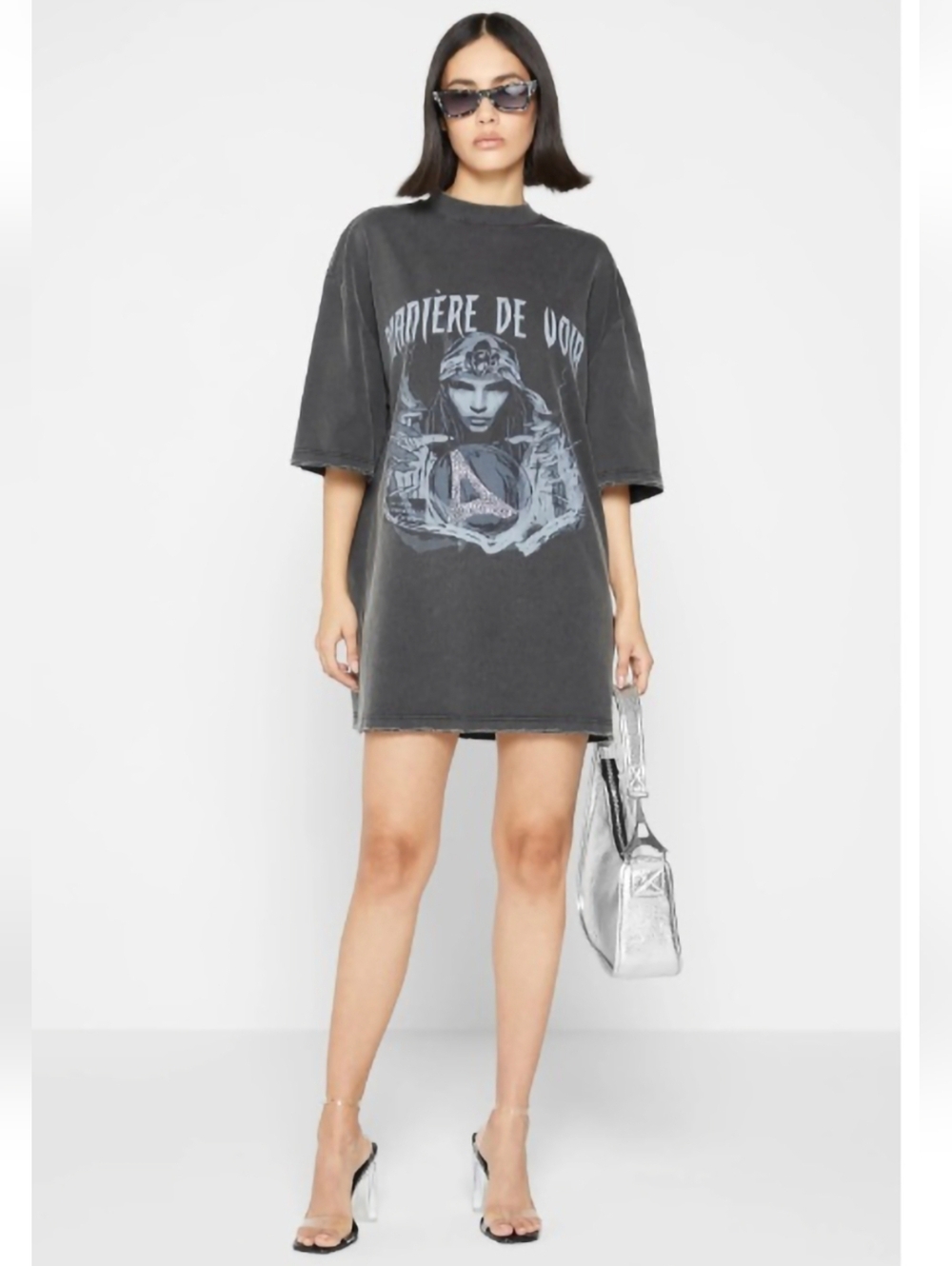 Maniere De Voir Oversized Rhinestone T-Shirt Dress Washed Black XS Mini